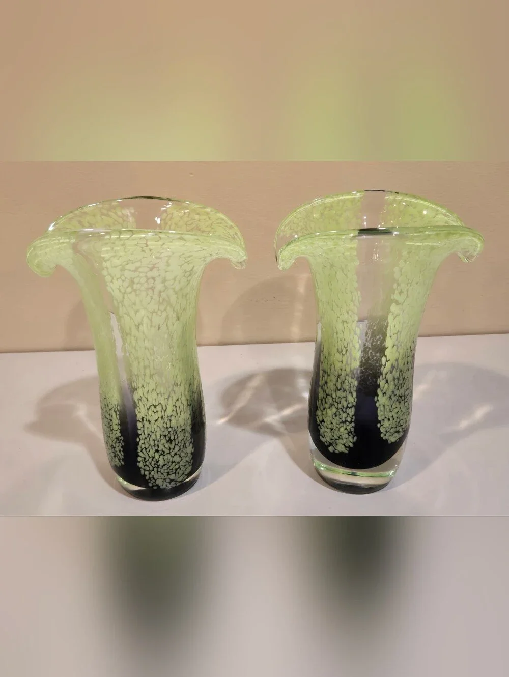 Handblown Teleflora Art Glass Vase Pair - Lime Green and Black